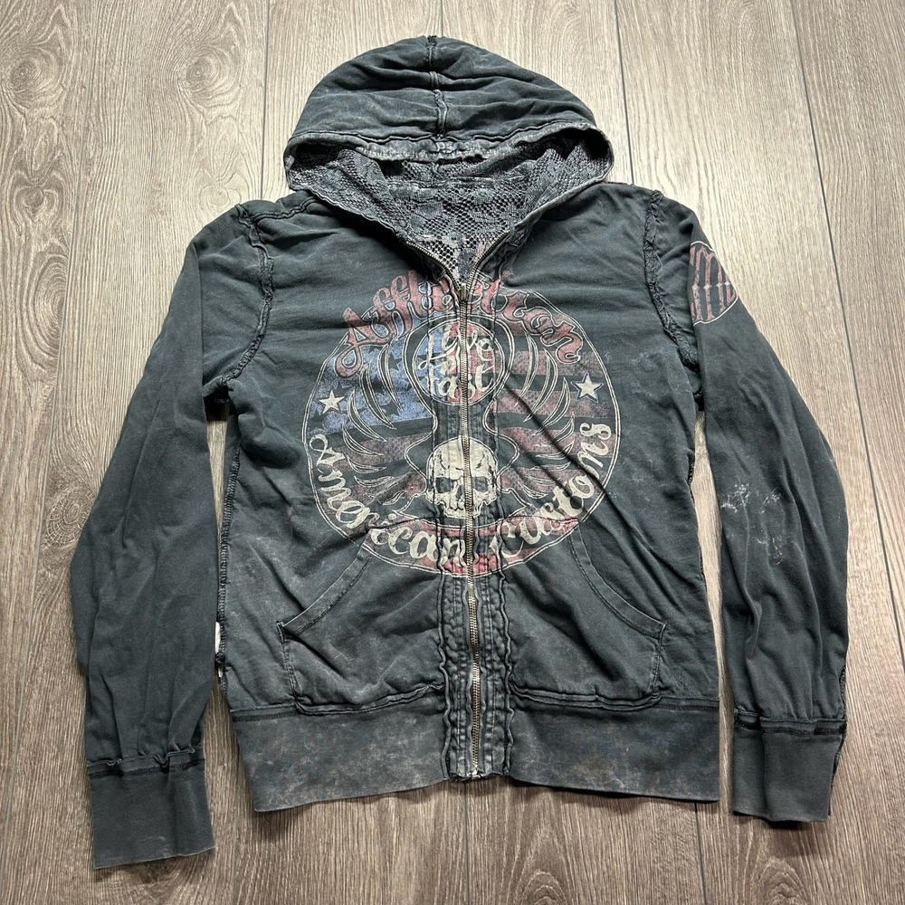 Affliction American Customs Reversible Lace Hoodie Skull Flag Y2K Mens Medium